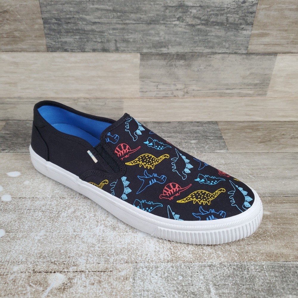 Toms Baja Mens Shoes Sz 8.5 Black Outlined Dino Doodles Print Slip On Sneakers
